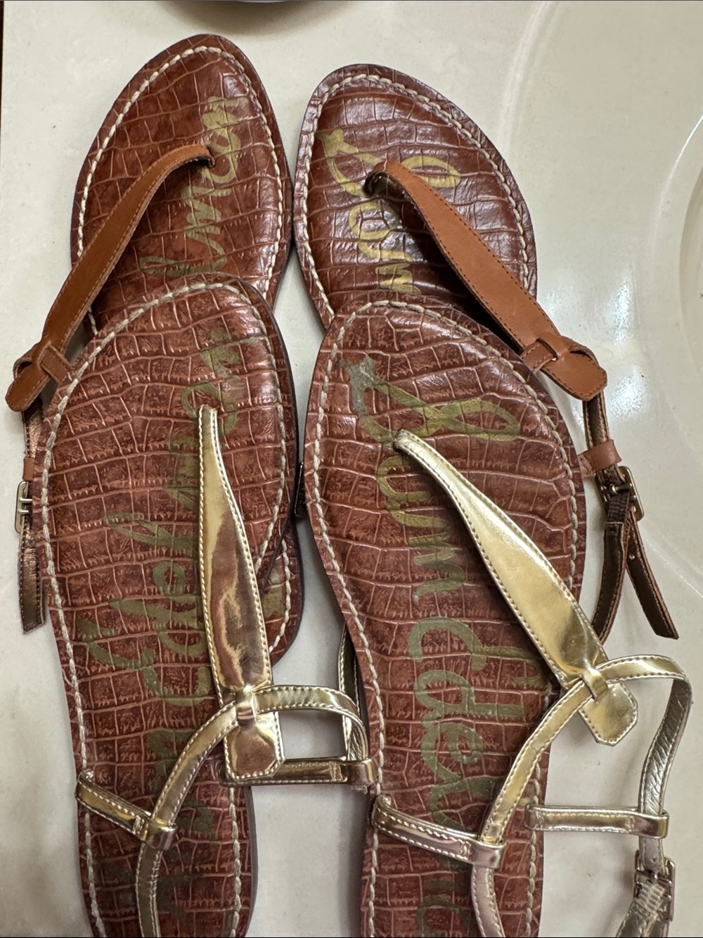 Sam Edelman Gold & Brown Croc-Embossed T-Strap Sandals